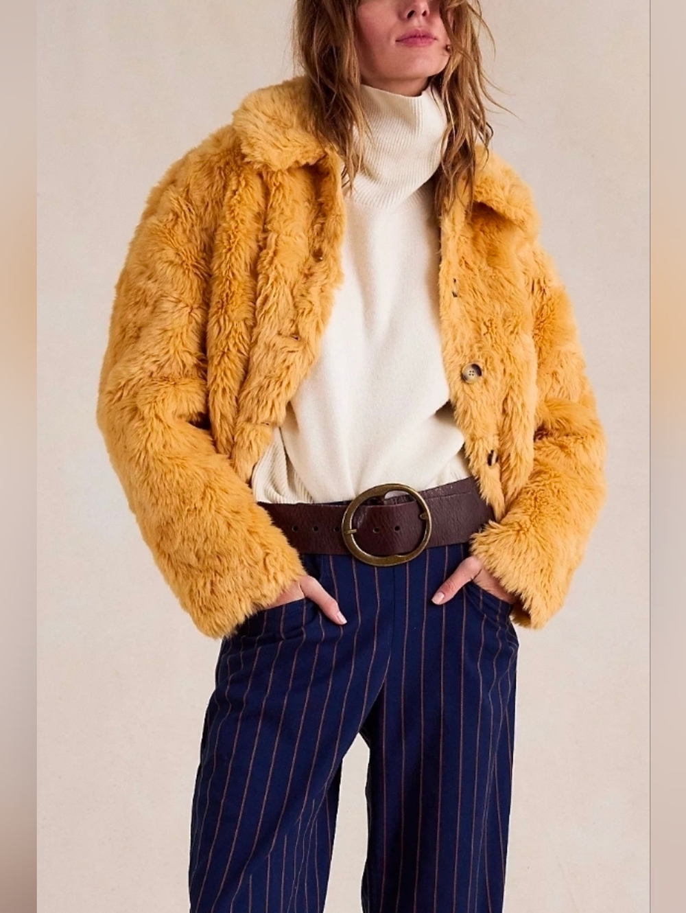 Free People Faux Fur Jacket In Apricot Yellow - Picture 5 of 6